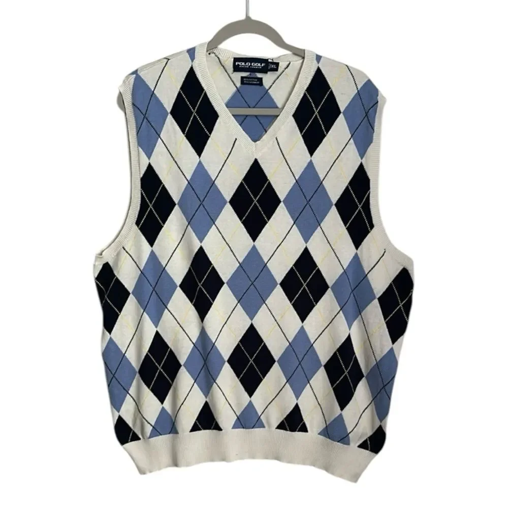 Polo Golf Ralph Lauren Argyle Sweater Vest Men's XL Blue/White Diamond Knit